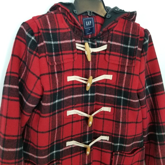 Gap Contrast Wool Blend Toggle Coat Sz M Red Black Plaid Classic Academia Hooded - Picture 2 of 11